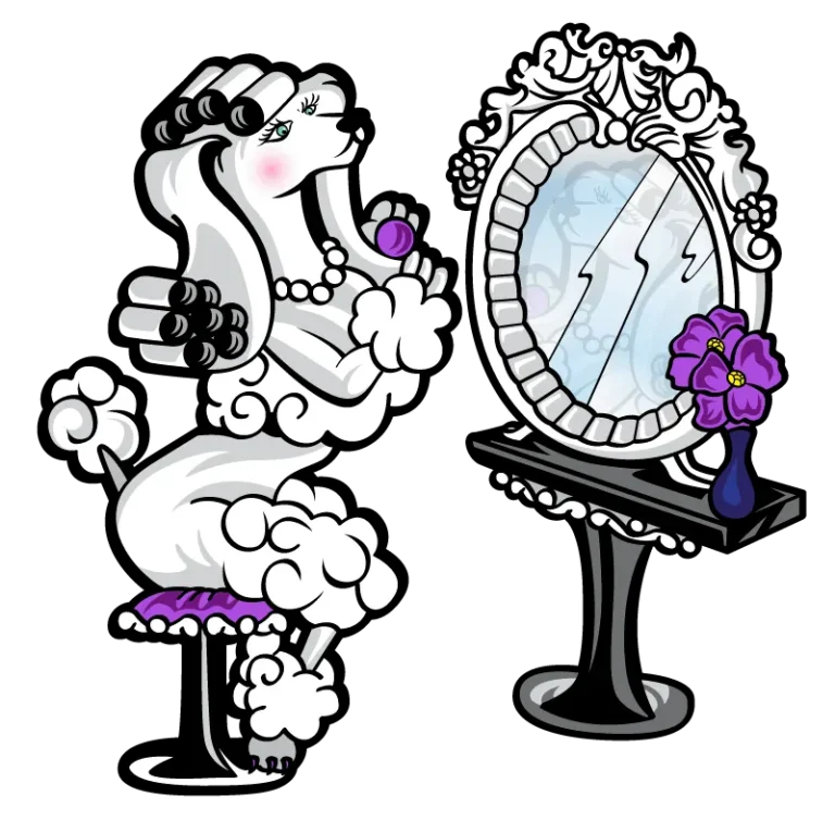 Cartoon poodle sitting next to a decorative mirror with a purple flower.