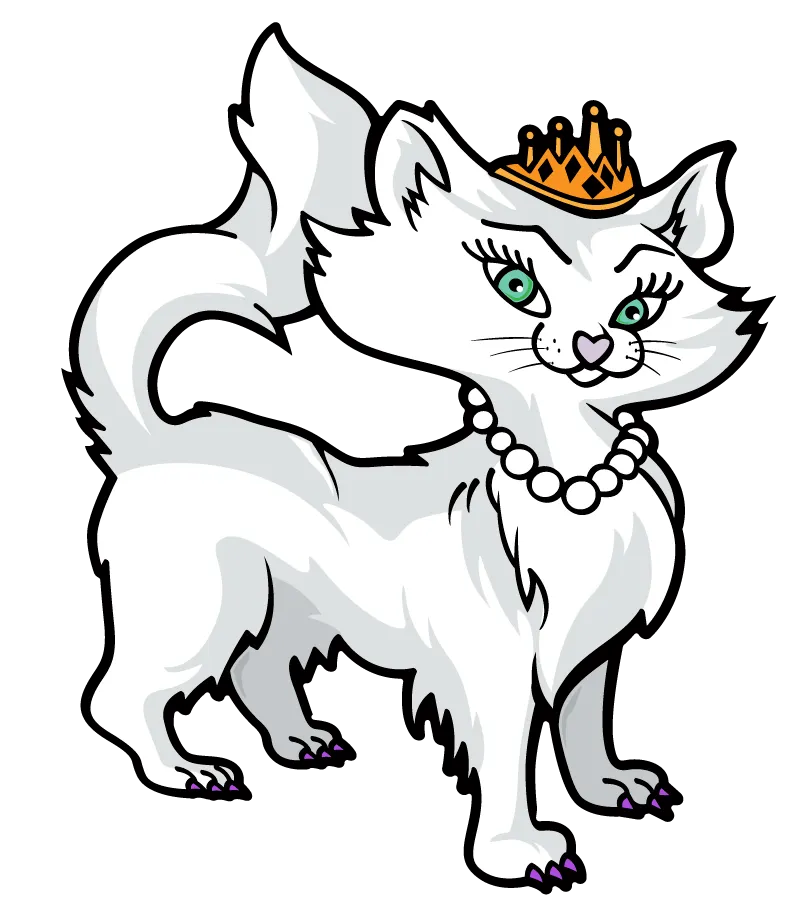 Cartoon cat with a crown and necklace on a white background