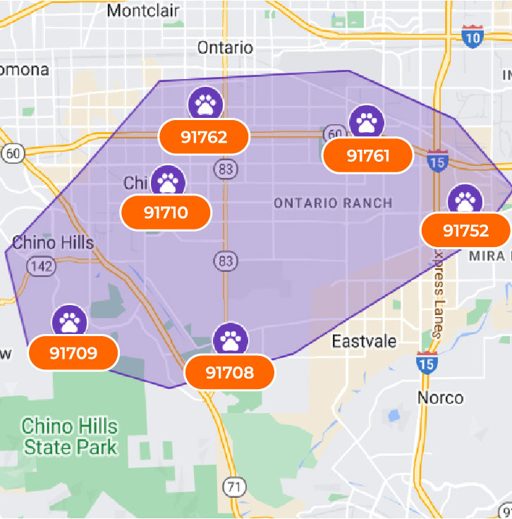 Map of Chino Hills with zip code areas marked in purple and orange on a road network background.