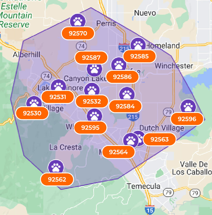 Map of Menifee, CA with a purple polygonal area and orange and purple markers indicating zip codes.