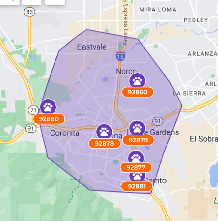 Map of Eastvale with a purple polygonal area and orange postal codes